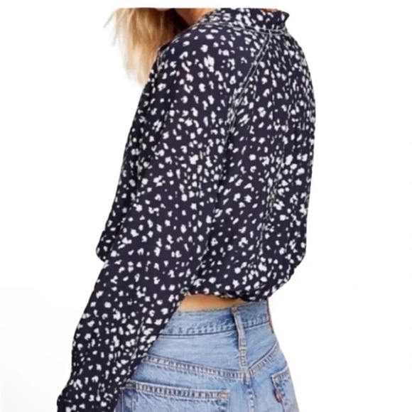 Free People Navy Printed Button Down Crop Top Blue White Size XS - Picture 3 of 13